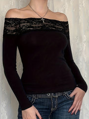 Y2K Elegant Lace Stitching One-Shoulder Fit Long Sleeve Top for Targeted voguable