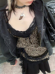 Y2K Leopard Print Cami Top with Lace Trim and Bow Detail, V-Neck, Polyester Blend - Stylish Women's Fashion Tank voguable