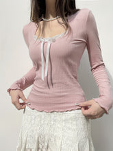Lace Trim Bow Decor T-Shirt, Casual Long Sleeve Top for Spring & Fall, Women's Clothing voguable