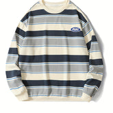 Retro Striped Men's Casual Loose Long Sleeve Round Neck Sweatshirt, Spring Fall Pullover Top voguable