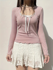 Lace Trim Bow Decor T-Shirt, Casual Long Sleeve Top for Spring & Fall, Women's Clothing voguable