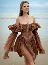 Brown Pleated Off Shoulder Ruffles Patchwork Sundress mysite