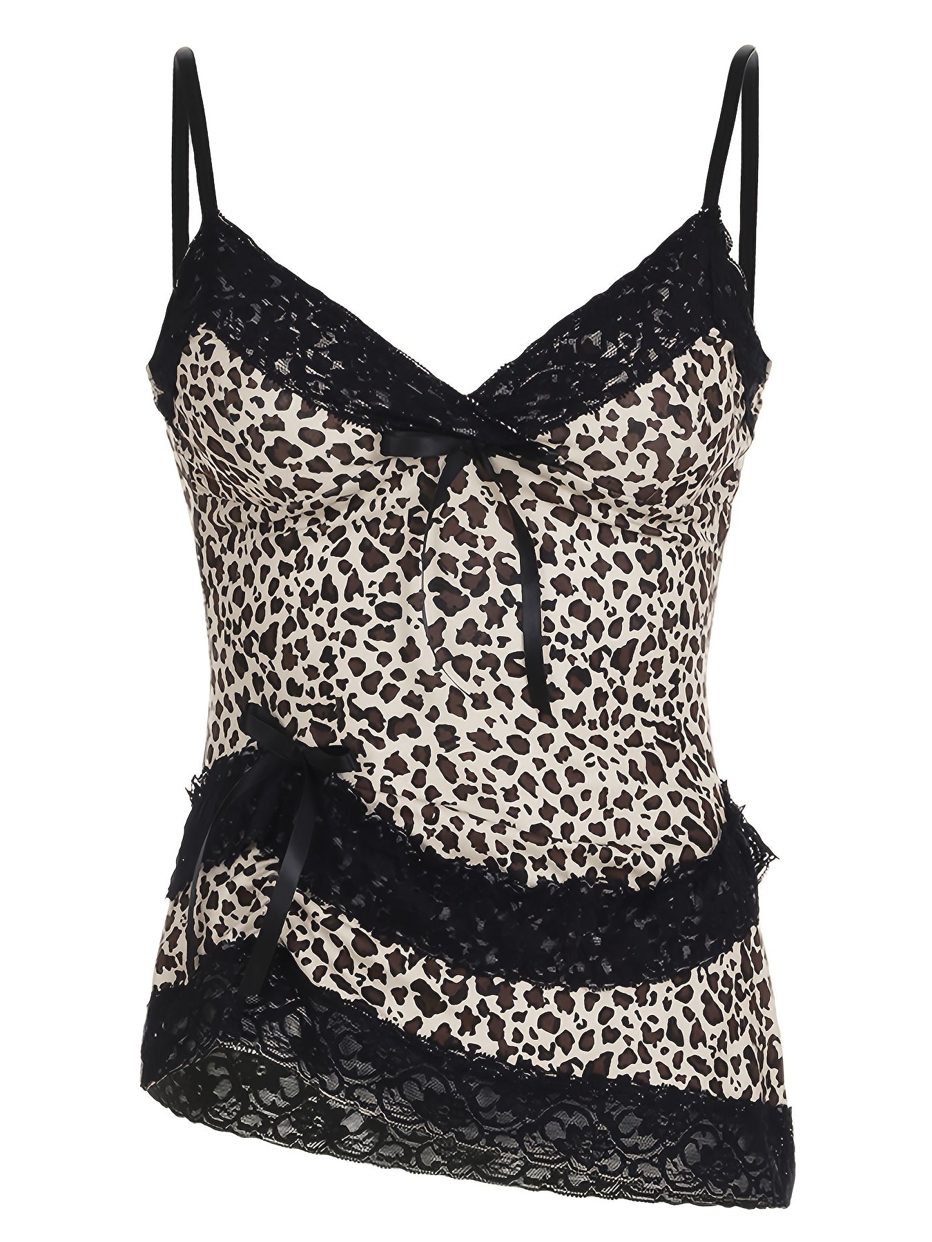 Y2K Leopard Print Cami Top with Lace Trim and Bow Detail, V-Neck, Polyester Blend - Stylish Women's Fashion Tank voguable