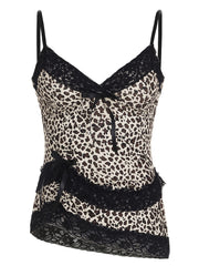 Y2K Leopard Print Cami Top with Lace Trim and Bow Detail, V-Neck, Polyester Blend - Stylish Women's Fashion Tank voguable