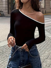 Cold Shoulder Contrast Trim Slim-Fit T-shirt, Elegant Long Sleeve Top For Fall & Winter, Women's Clothing voguable