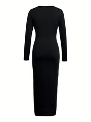 1pc Elegant Floral Print V-Neck Long Sleeve Bodycon Knit Dress for Women, Polyester, Notched Collar, Slim Fit, Ideal for Spring/Summer/Fall - Sexy Style voguable