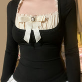 Stylish Contrast Color Bow Splicing Square Collar Two-Piece Long Sleeve Top voguable