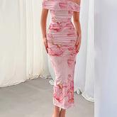 Elegant Floral Print Off Shoulder Dress - Backless Slim Side Split for Party & Banquet - Women's Clothing voguable
