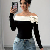 Cozy Off-the-Shoulder Bow-Knot Top, Solid Color Long Sleeve Knitted Polyester Shirt for Young Fashion Style Fall/Winter voguable