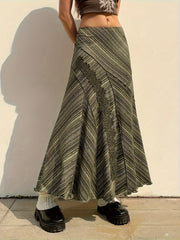 Striped Lace Stitching Skirt, Y2K Ruffle Hem Maxi Skirt, Women's Clothing voguable