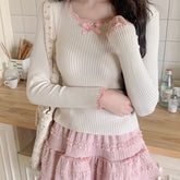 Women'S Polyester Square Neck Lace Trim Pullover Sweater - Asian Style Solid Color Long Sleeve Knit Top for Fall/Winter voguable