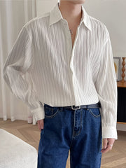 1pc Elegant Men'S Casual Solid Color Wave Texture Woven Fabric Shirt, Polyester 100%, Non-Stretch, Loose Fit, Lapel Collar, Long Sleeve, Button Details, Perfect for Spring/Fall, Versatile Style gotmes-shop