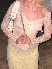 Chic Y2K-Inspired Sheer Lace Cropped Cardigan with Ruffle Hem - French Style Sexy Bell Sleeve V-Neck, Polyester Blend, Machine Washable - Versatile All-Season Fashion Top voguable