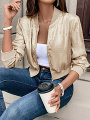 Everyday Comfort, Elegant Women's Pink Metallic Bomber Jacket - Long Sleeve, Zip-Up with Baseball Collar, Polyester Blend, Machine Washable for Spring & Fall Fashion, Spring Jacket|Glossy Finish Jacket|Polyester Blend Jacket voguable