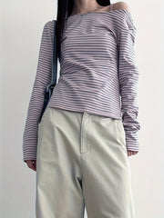 Chic Striped Backless Cross-Tie T-Shirt - Slim Fit, Long Sleeve Casual Top for Women, Machine Washable voguable