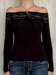 Y2K Elegant Lace Stitching One-Shoulder Fit Long Sleeve Top for Targeted voguable