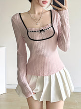 Chic French-Inspired Colorblock Knit Top with Bow Detail - Long Sleeve, Square Neck, Ribbed Texture, Machine Washable - Perfect for Spring/Fall voguable