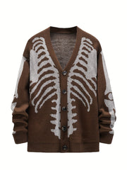 Plus Size Skeleton Print Long Sleeve V Neck Cardigan Sweaters - Men's Button Down Outwear Coats gotmes-shop