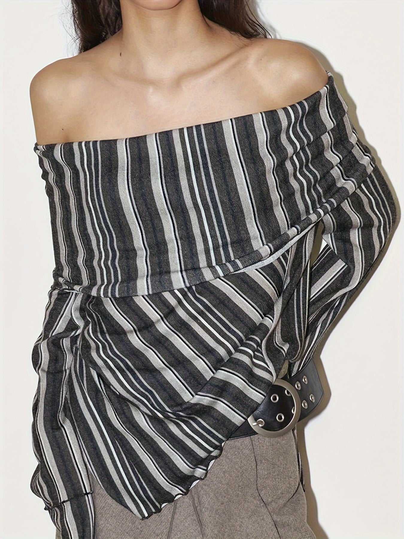 Chic French Street Style Striped Off-Shoulder Top with Ruched Detail - Long Sleeve, Polyester Blend, Machine Washable - Elegant & Unique Women's Spring/Fall Fashion, Autumn Casual Wear|Chic Offshoulder Top|Polyester Blend Top voguable