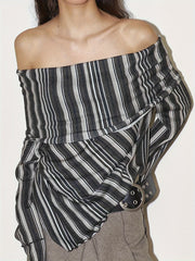 Chic French Street Style Striped Off-Shoulder Top with Ruched Detail - Long Sleeve, Polyester Blend, Machine Washable - Elegant & Unique Women's Spring/Fall Fashion, Autumn Casual Wear|Chic Offshoulder Top|Polyester Blend Top voguable