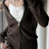 Long Sleeve Vintage-Inspired Zip-Up Cardigan - Hooded Cable Knit Sweater with Faux Fur Trim for Women - Winter voguable