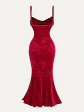 Vintage Red Velvet Maxi Dress for Women with Floral Pattern, V-Neck, and Spaghetti Straps - Polyester Blend, Machine Washable, Flowing Mermaid Hem, Special Occasion Dress|Elegant Maxi Gown|Polyester Velvet Dress voguable