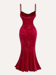 Vintage Red Velvet Maxi Dress for Women with Floral Pattern, V-Neck, and Spaghetti Straps - Polyester Blend, Machine Washable, Flowing Mermaid Hem, Special Occasion Dress|Elegant Maxi Gown|Polyester Velvet Dress voguable