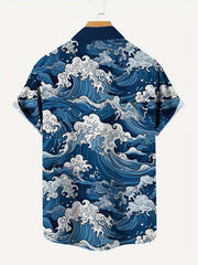 Men's Fashion Waves Pattern Allover Print Short Sleeve Button Up Lapel Hawaiian Style Shirt For Summer Resort Vacation gotmes-shop
