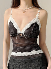 Y2K-Inspired Sexy Lace Bow Cami Top with V-Neck & Polka Dot Mesh - Stretchy, Breathable Fabric for All Seasons voguable