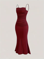 Stretchy Ruched Spaghetti Dress for Women - Elegant Solid Color Suspender, Machine Washable Polyester Blend voguable