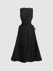 Solid Color Polyester Midi Dress - Elegant Round Neck Cinched Waist for Women - Machine Washable, Long Skirt voguable