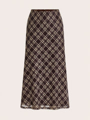 Elegant Women's Plaid Midi Skirt - Stretchy Polyester Blend, Brown & Beige, Machine Washable, Versatile for All Seasons, Plus Size Skirts voguable