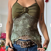 Y2K Tribal Print Green Cami Top with Metal Buckle and Ruched Halter Neck, Polyester Spandex Blend, High Stretch Knit Fabric, Pullover Slingback Style for Spring/Summer/Fall voguable