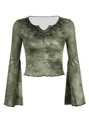 Tie Dye Flare Sleeve T-shirt, Y2K Notched Neck Lettuce Trim Long Sleeve Top For Spring & Fall, Women's Clothing voguable