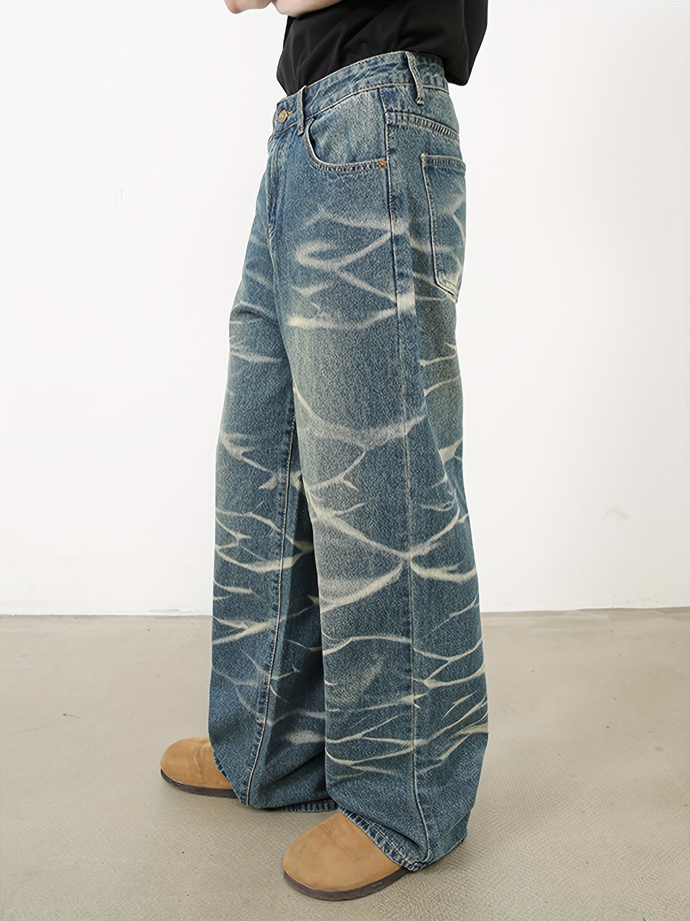 Retro Design Denim Men's Loose Fitting Straight Leg - Water Ripple Street Dance Party Casual Pants voguable