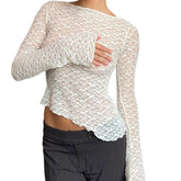Women'S Lace Tops Slim See Through Boat Neck Long Sleeve Asymmetrical Shirt Casual Streetwear voguable
