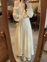 New Style High-end Long-Sleeved Dress with Exposed Shoulders and Waist for Women, Slimming A-line Dress voguable