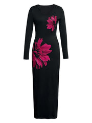 1pc Elegant Floral Print V-Neck Long Sleeve Bodycon Knit Dress for Women, Polyester, Notched Collar, Slim Fit, Ideal for Spring/Summer/Fall - Sexy Style voguable
