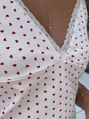 Women'S Y2K Aesthetic V-Neck Camisole with Contrast Lace Detail, Geometric Heart Pattern, Summer Knit Fabric Slingback Top, 95% Polyester 5% Elastane, 180g/m² Lightweight Fabric voguable