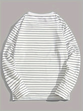 Men's Simple Black Striped Print Long Sleeve T-Shirt, Versatile for Spring/Autumn, Casual Round Neck, Polyester Fabric, Regular Fit, Adult Size gotmes-shop