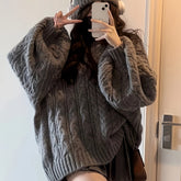 Thick Vintage-Inspired Cozy Knit Sweater - Solid Color, Loose Fit, Elegant V-Neck Pullover for Women - Perfect for Fall & Winter voguable