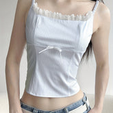 Chic Striped Lace-Trim Cami Top with Bow Detail - Sleeveless, Side Zipper, Non-Stretch Polyester Blend - Perfect for All Seasons voguable