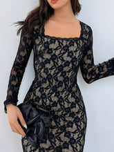 Elegant Long Sleeve Floral Lace Bodycon Dress - Square Neck, Women's Clothing for Club & Party voguable
