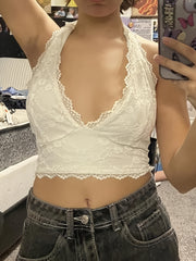 Solid Color Lace V-neck Halter Top, Sexy Backless Slim Crop Top For Summer, Women's Clothing voguable