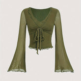 Elegant Olive Green V-Neck Blouse with Tie-Front Detail - Long Sleeve, Stretchy Polyester Mesh Top, Machine Washable - Chic & Versatile for All Seasons voguable