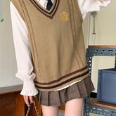 Chic Japanese-Inspired Color Block V-Neck Knit Sweater Vest for Women - Polyester & Acrylic, Perfect for Spring/Fall voguable