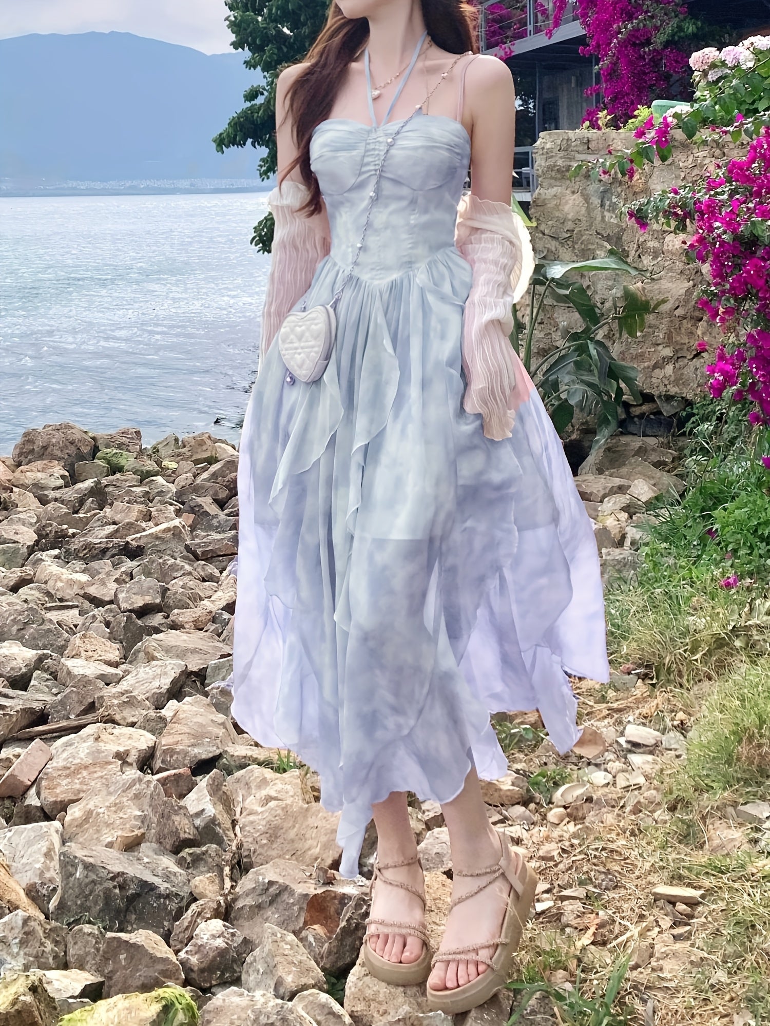 French Style First Love Cherry Blossom Pink Tie-Dye Suspender Dress Vacation Style Fairy Style Gradient Dyeing Women's Summer Floral Irregular Hem Vacation Long Dress voguable