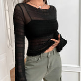 Solid Textured Mesh Slim T-Shirt, Casual Long Sleeve T-Shirt For Spring & Fall, Women's Clothing voguable