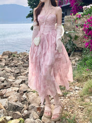 French Style First Love Cherry Blossom Pink Tie-Dye Suspender Dress Vacation Style Fairy Style Gradient Dyeing Women's Summer Floral Irregular Hem Vacation Long Dress voguable