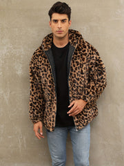 Soft, Warm Men's Faux Fur Hooded Jacket - Elegant Leopard Print Zip-Up Coat with Pockets, Machine Washable for Fall/Winter Casual Wear gotmes-shop